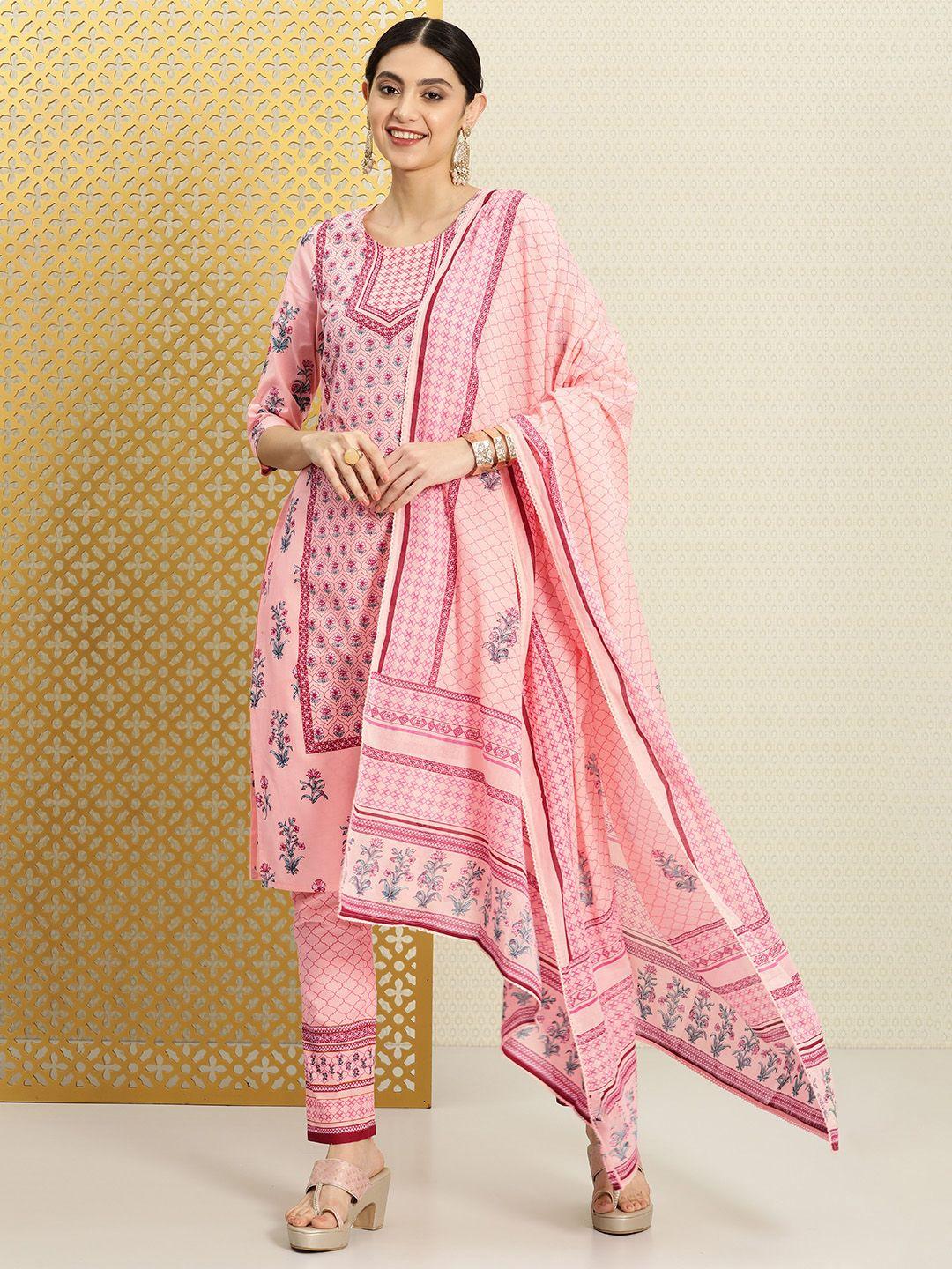house of pataudi ethnic motifs printed pure cotton jashn kurta with trousers & dupatta