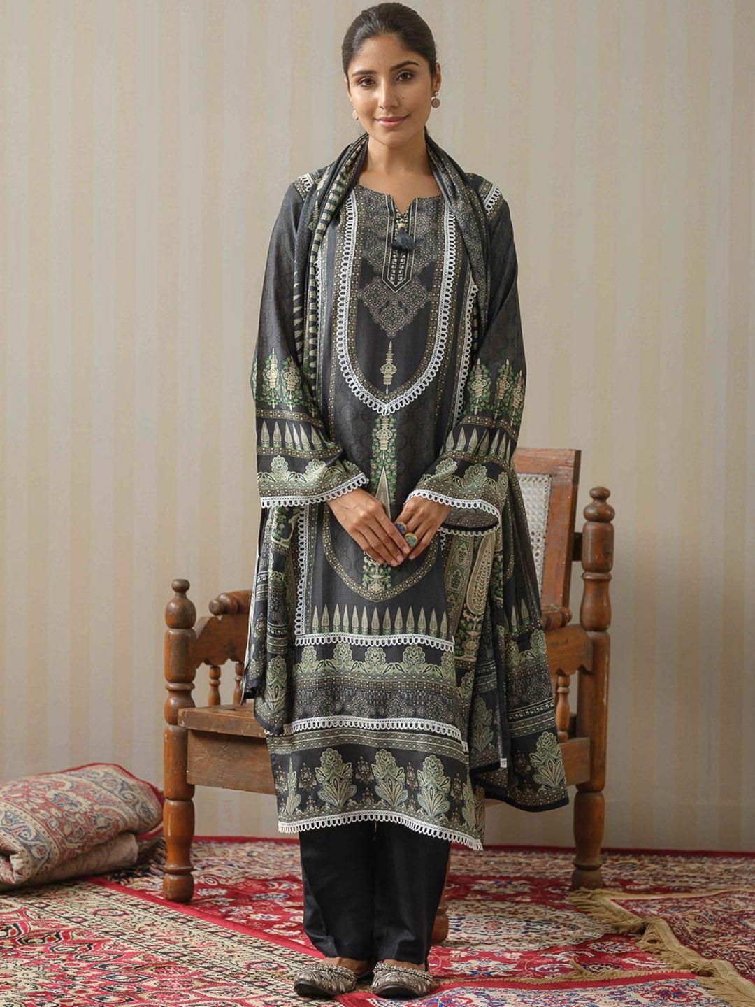 house of pataudi ethnic motifs printed pure silk a-line kurta with trouser & dupatta