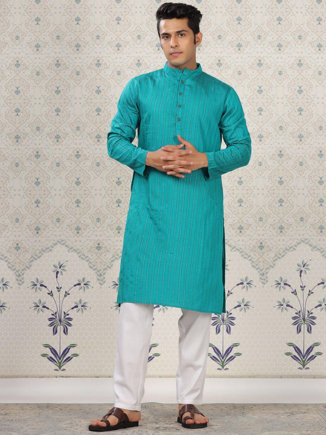 house of pataudi ethnic motifs woven design mandarin collar straight kurta