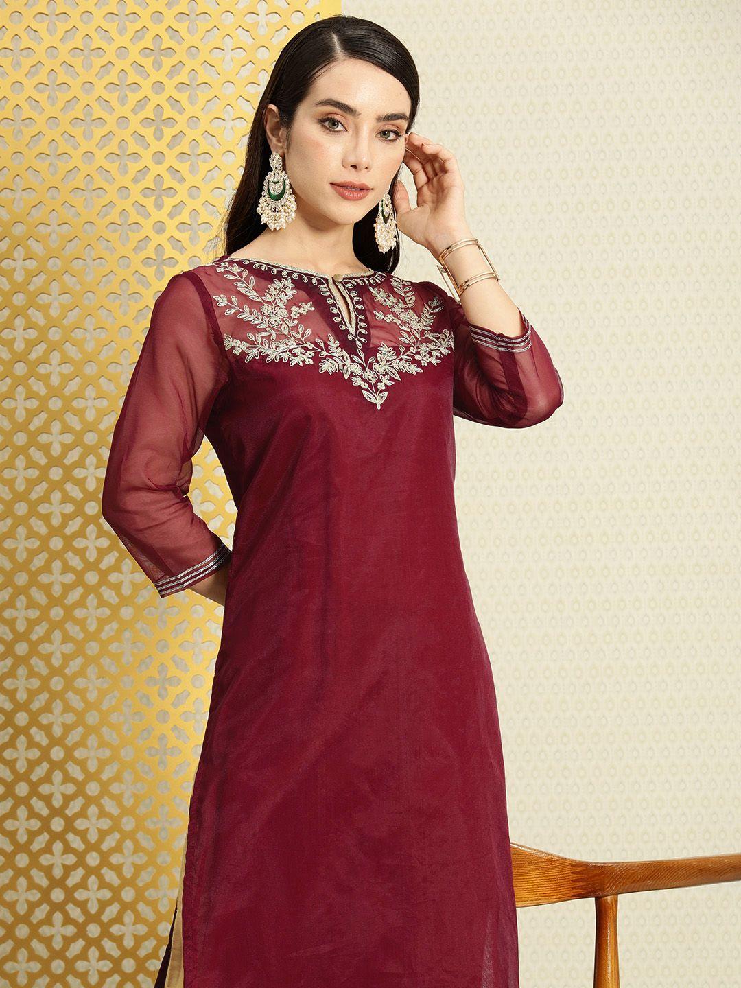 house of pataudi ethnic motifs zari embroidered keyhole neck straight jashn kurta