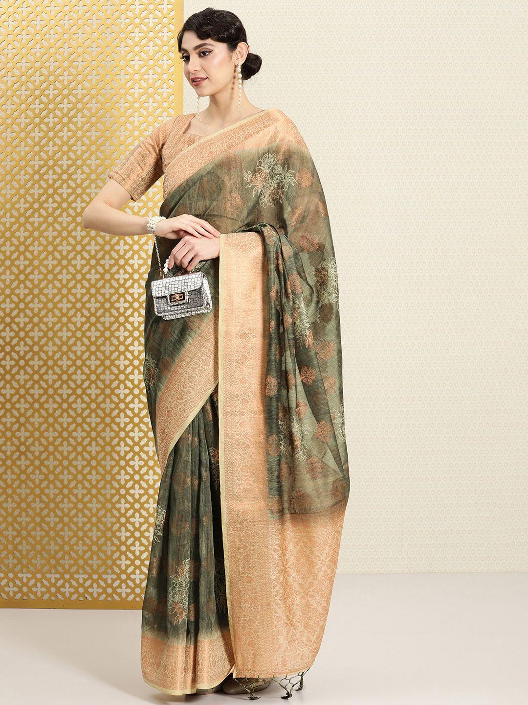 house of pataudi ethnic motifs zari linen blend saree