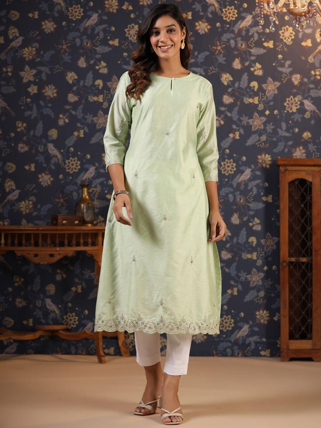 house of pataudi floral embroidered keyhole neck sequined chanderi cotton straight kurta