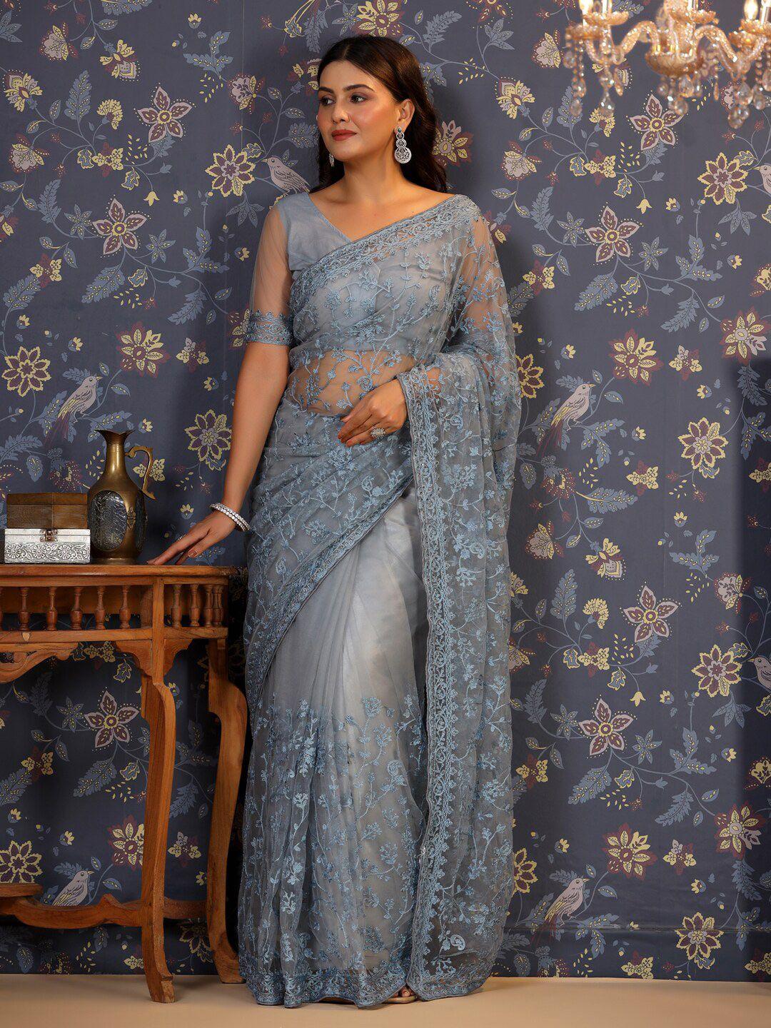 house of pataudi floral embroidered net saree