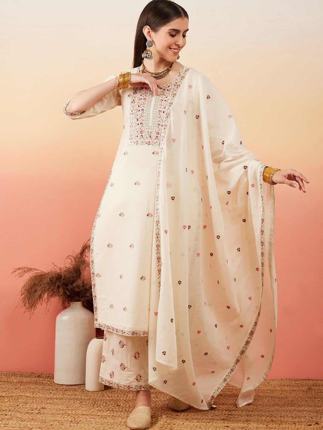 house of pataudi floral embroidered pure cotton kurta with palazzos & dupatta