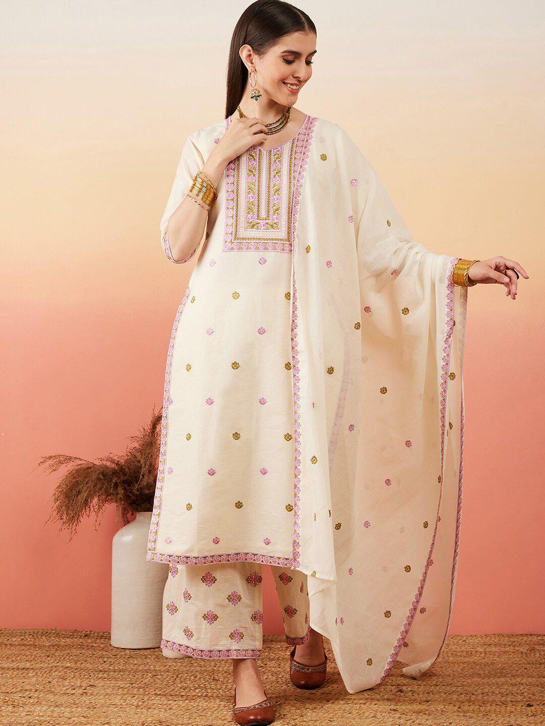 house of pataudi floral embroidered pure cotton sequinned kurta with palazzos & dupatta