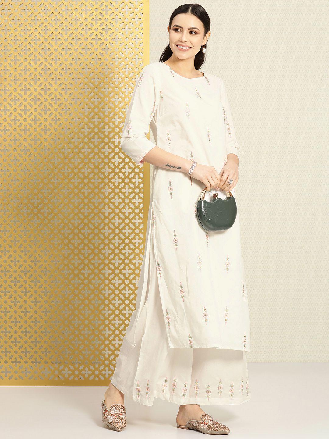 house of pataudi floral embroidered thread work pure cotton jashn kurta with palazzos