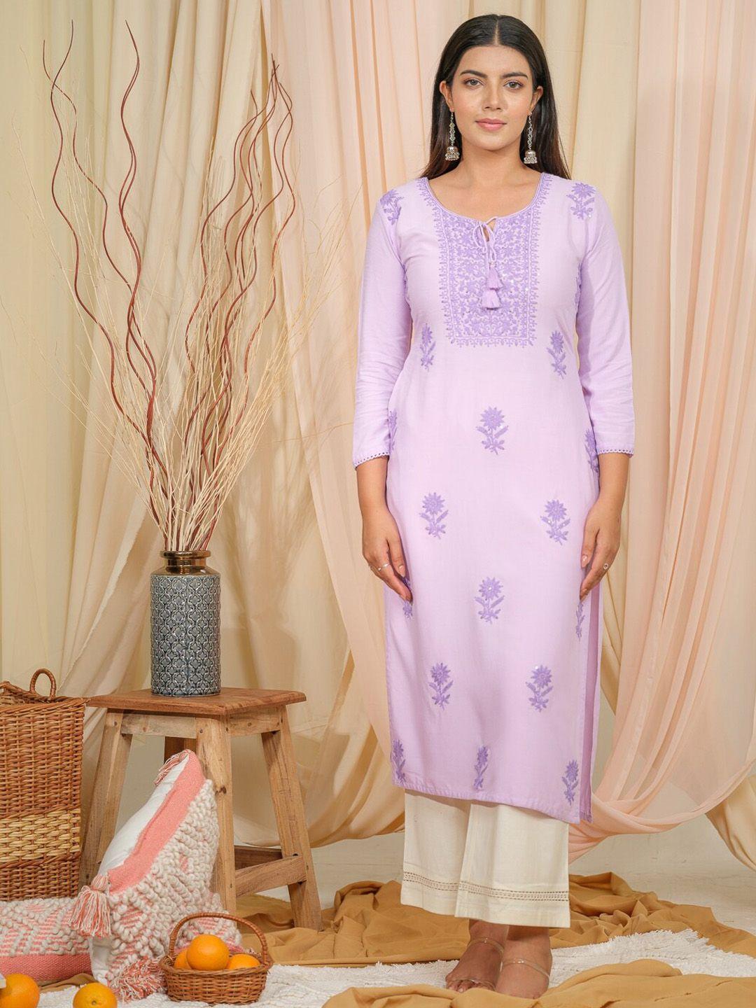 house of pataudi floral embroidered tie-up neck straight kurta