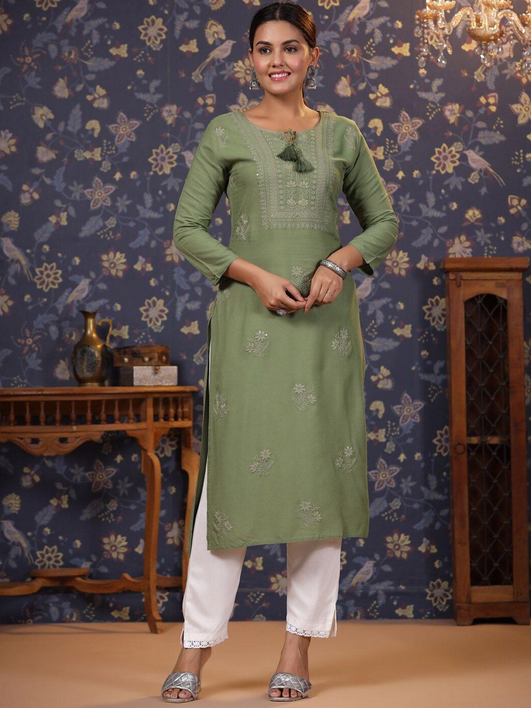 house of pataudi floral embroidered tie-up neck thread work straight kurta