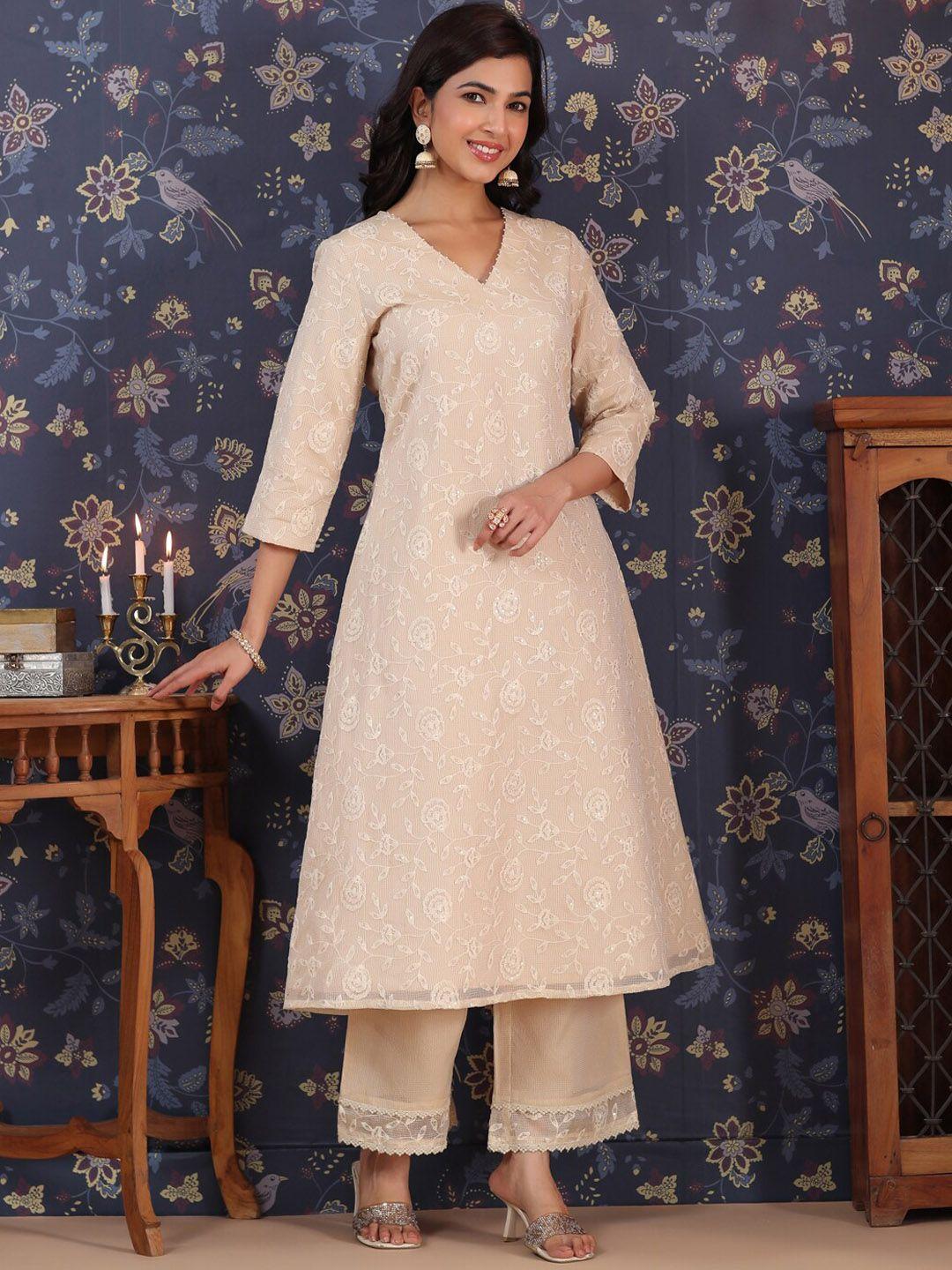 house of pataudi floral embroidered v neck sequinned a-line kurta with palazzo