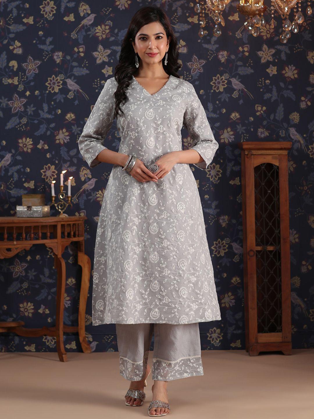 house of pataudi floral embroidered v neck sequinned a-line kurta with palazzos
