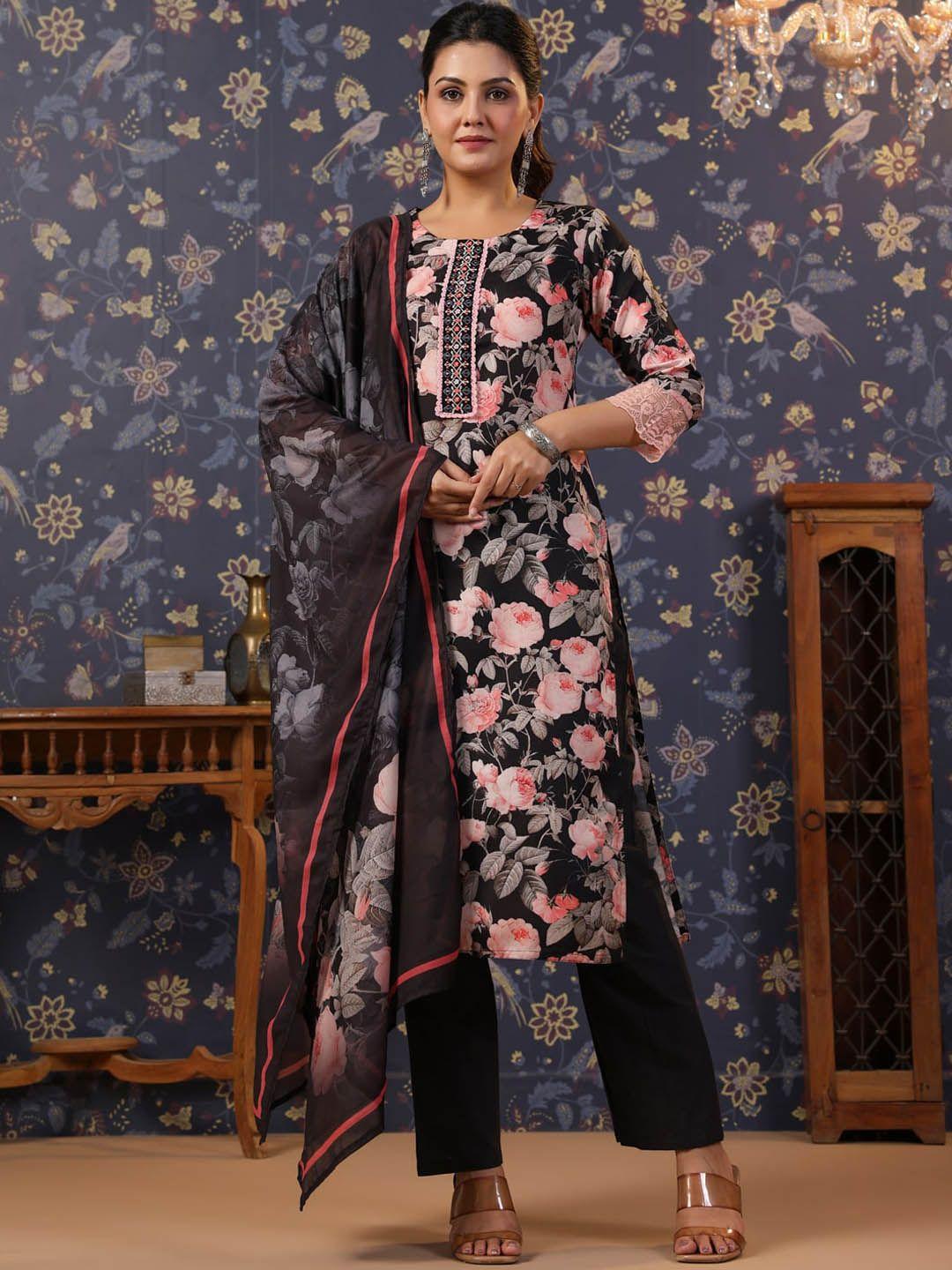 house of pataudi floral printed mirror work straight kurta & trouser dupatta set