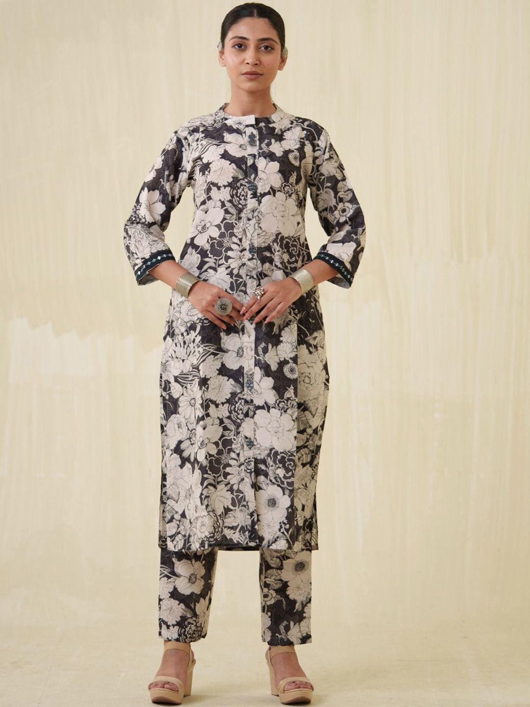house of pataudi floral-printed pure cotton straight kurta with trouser
