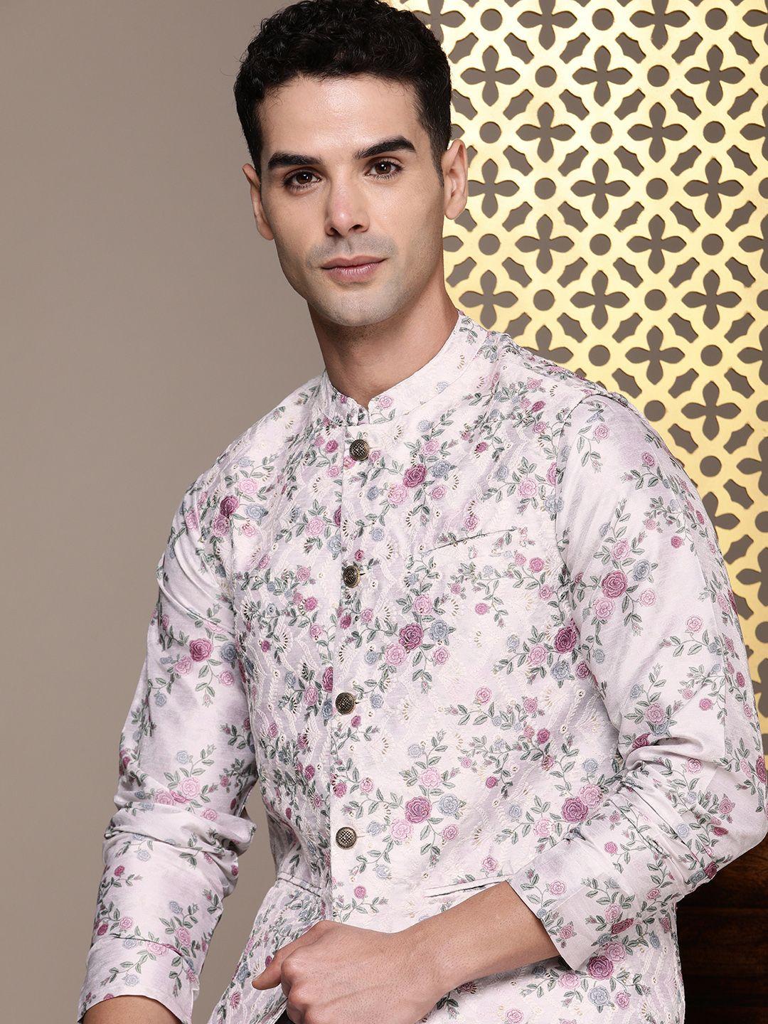 house of pataudi floral printed regular jashn kurta with trousers & nehru jacket