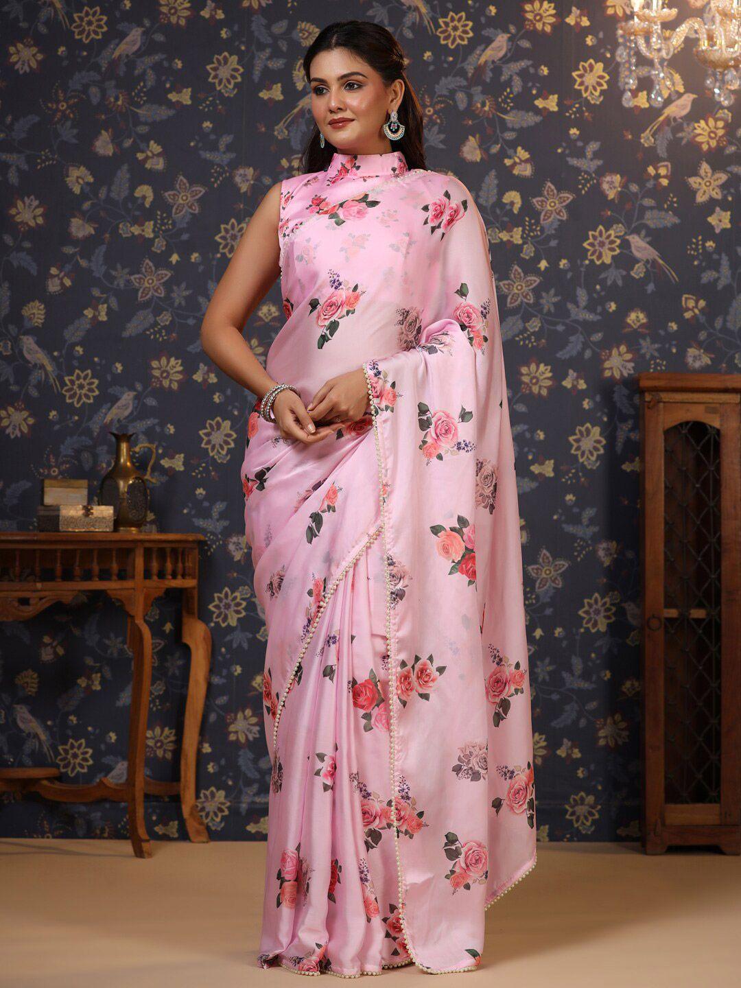 house of pataudi floral printed satin saree