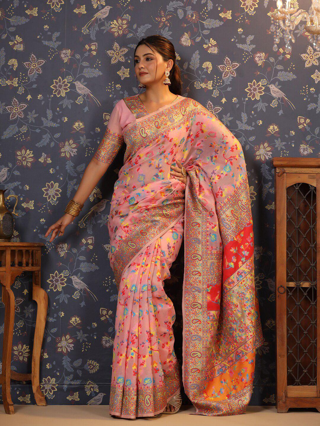 house of pataudi floral printed zari banarasi saree