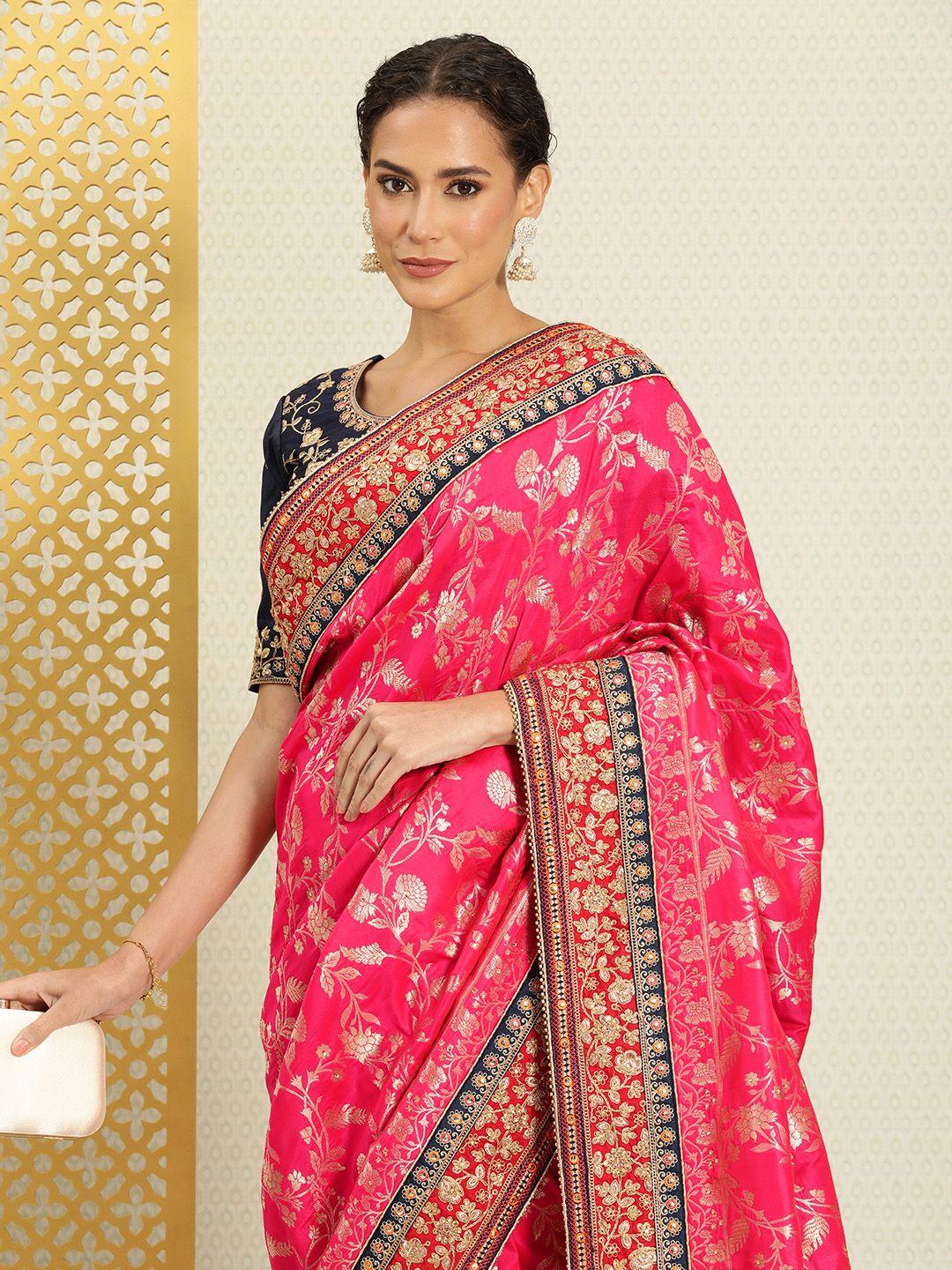 house of pataudi floral zari silk blend banarasi saree