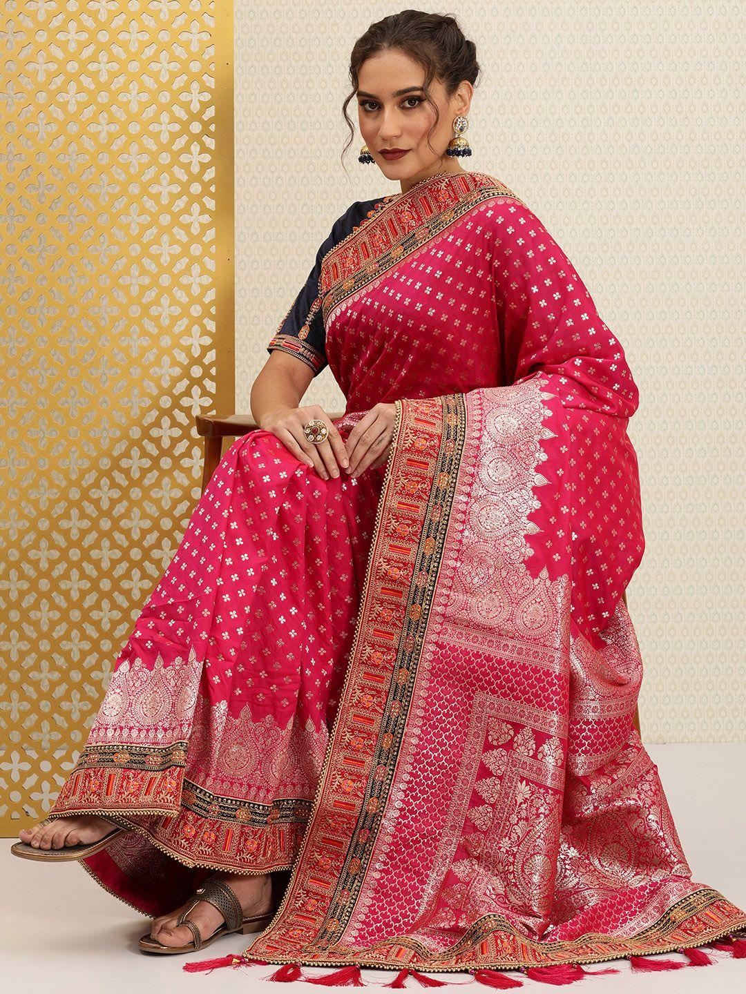 house of pataudi fuchsia pink & silver ethnic motifs sequinned jashn banarasi saree