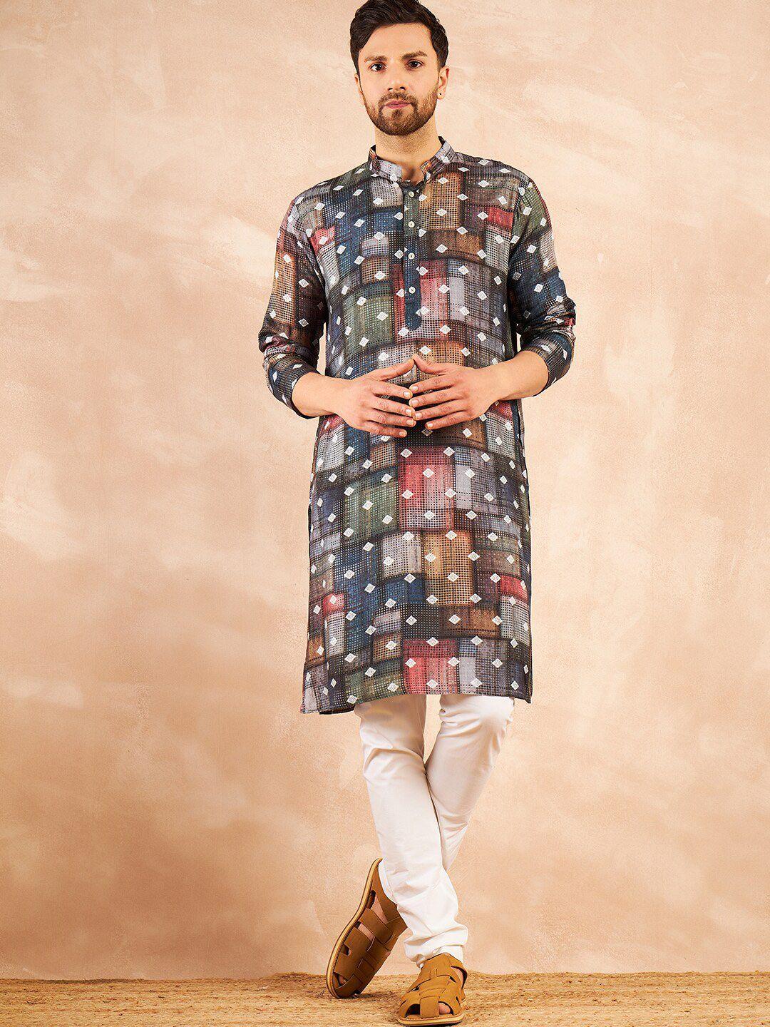 house of pataudi geometric printed mandarin collar jacquard straight kurtas