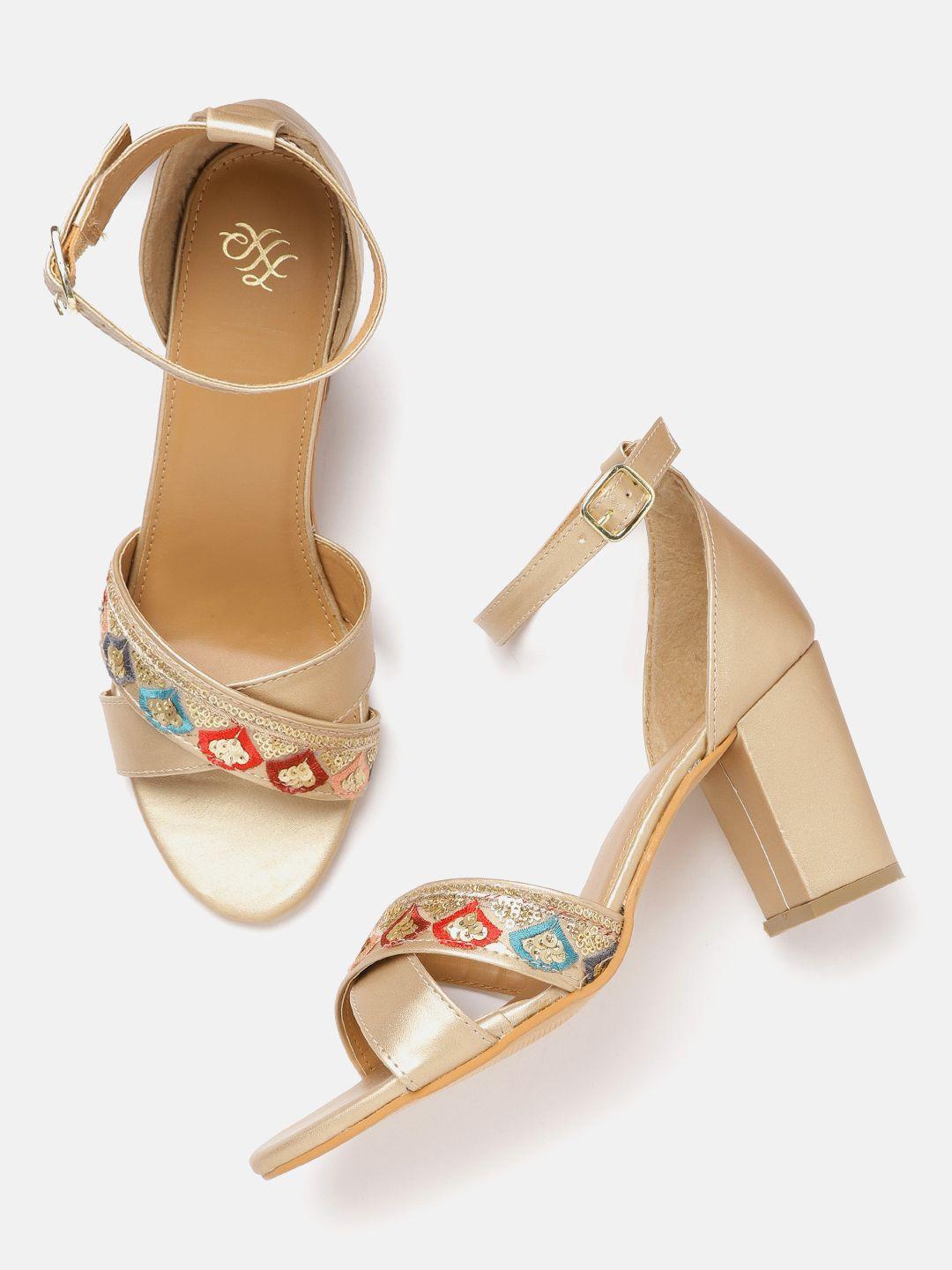 house of pataudi gold-toned & blue embellished leather handcrafted block sandals