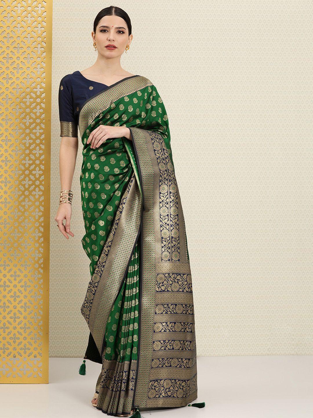 house of pataudi green & blue ethnic motifs zari silk blend banarasi saree