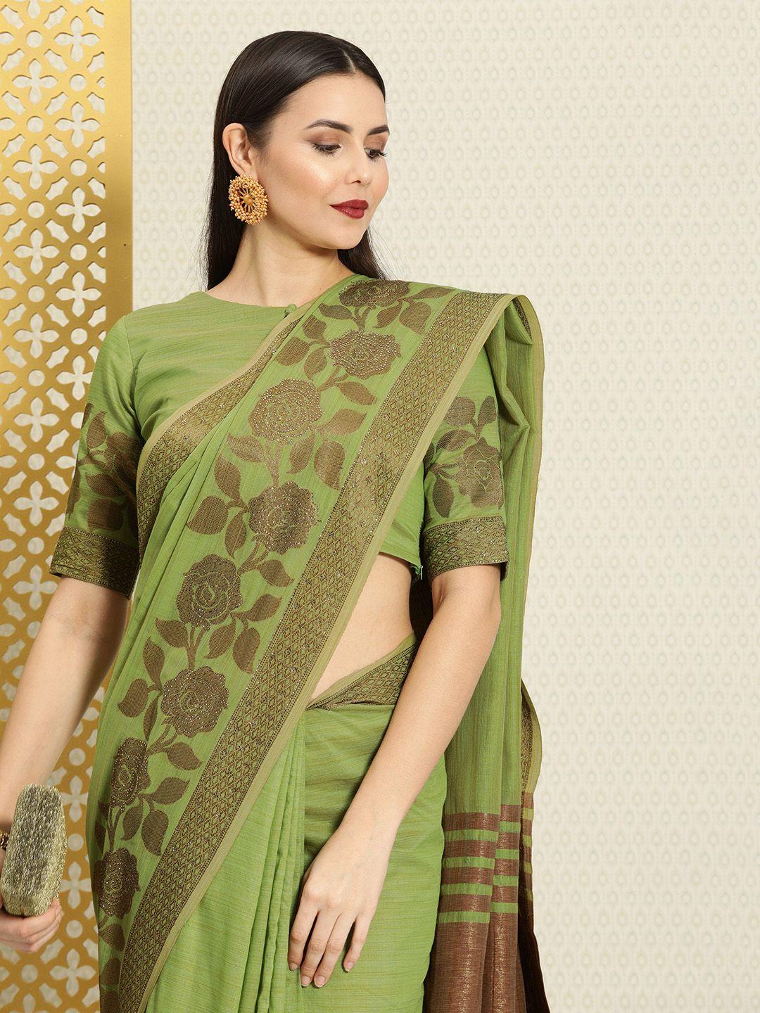 house of pataudi green & brown floral zari woven embellished silk blend saree