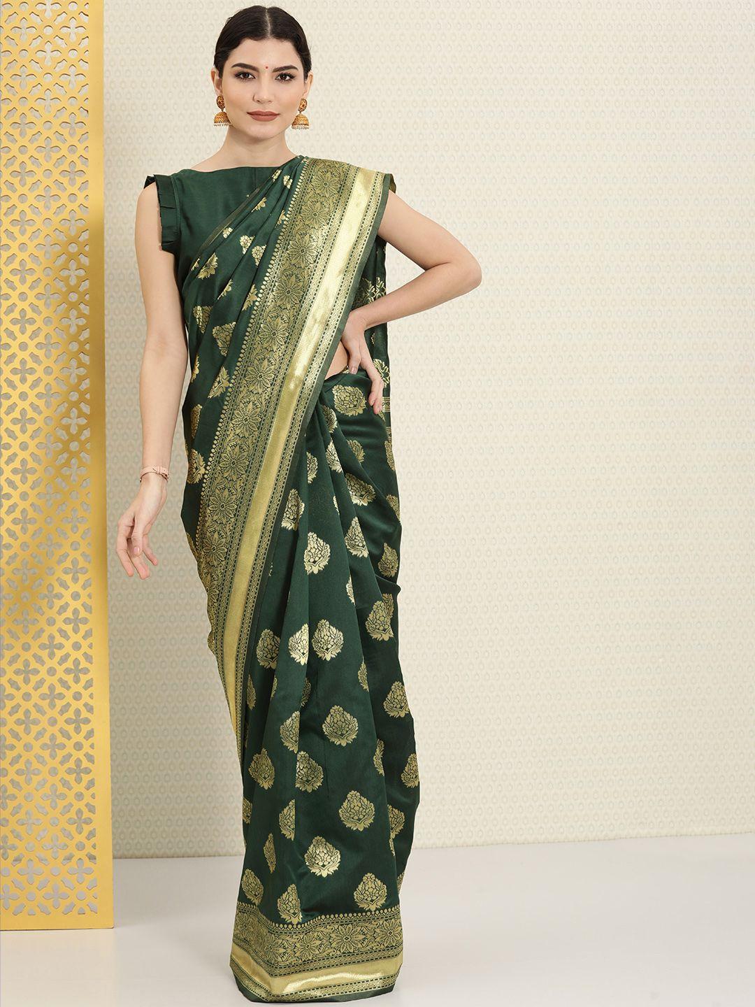 house of pataudi green & gold-toned ethnic motifs zari silk blend banarasi saree