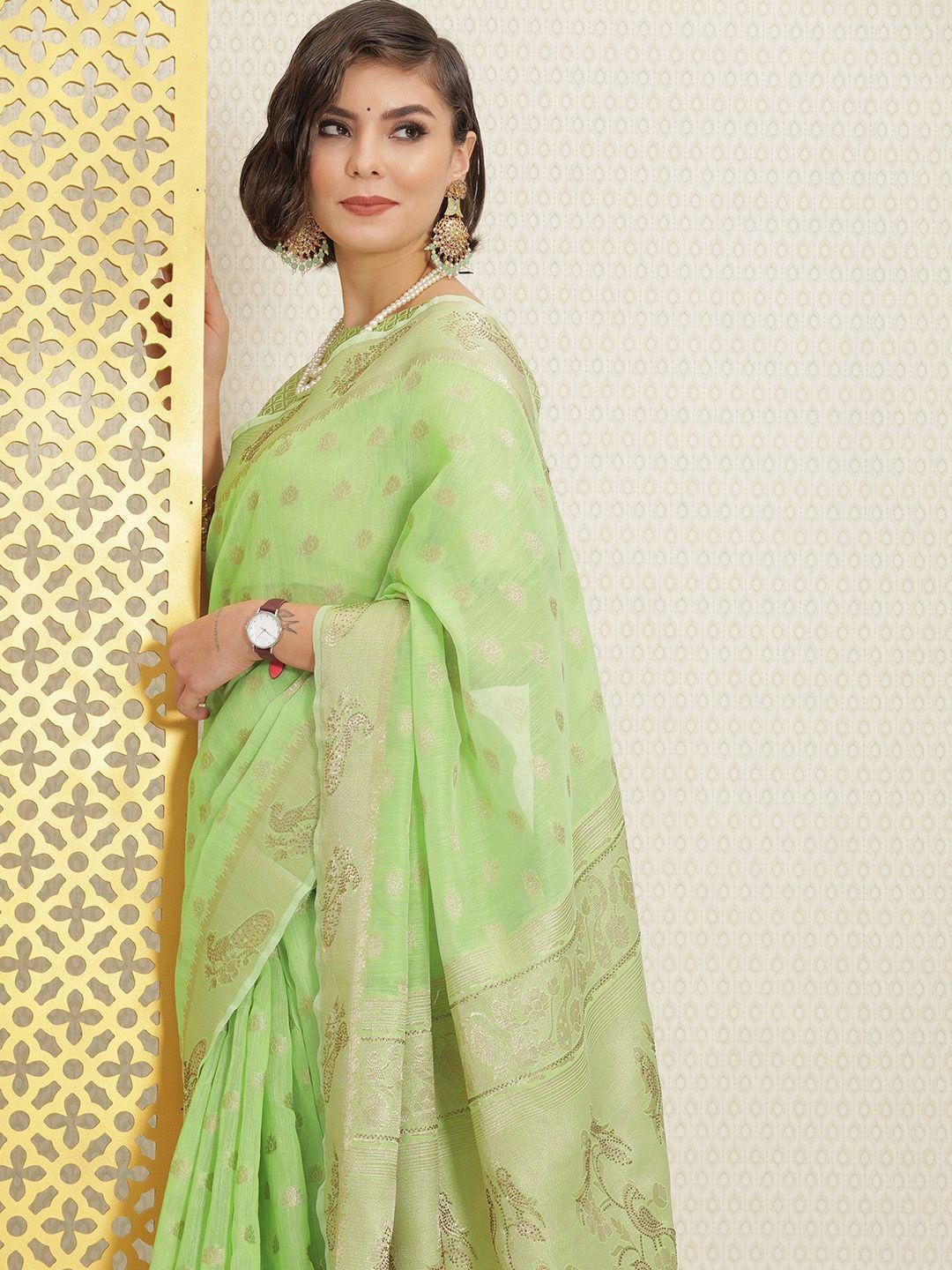 house of pataudi green ethnic motifs sequinned silk blend chanderi saree