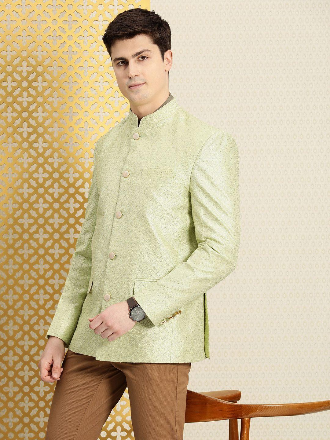 house of pataudi jashn mandarin collar textured sequinned bandhgala blazer