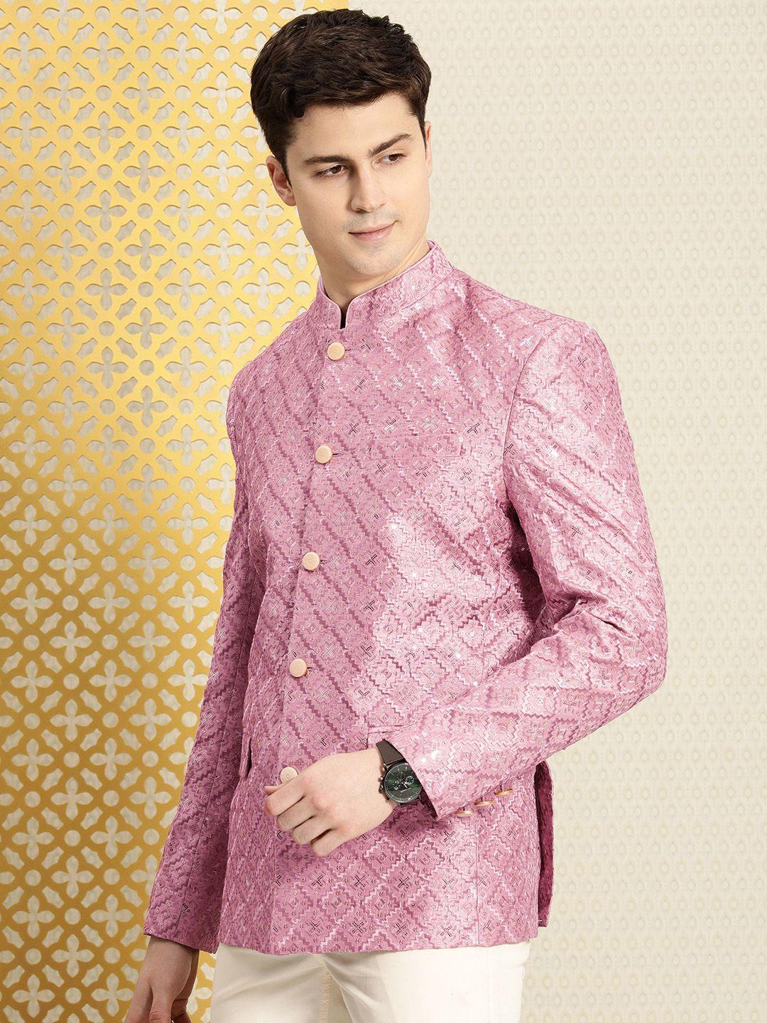 house of pataudi jashn mandarin collar textured sequinned bandhgala blazer