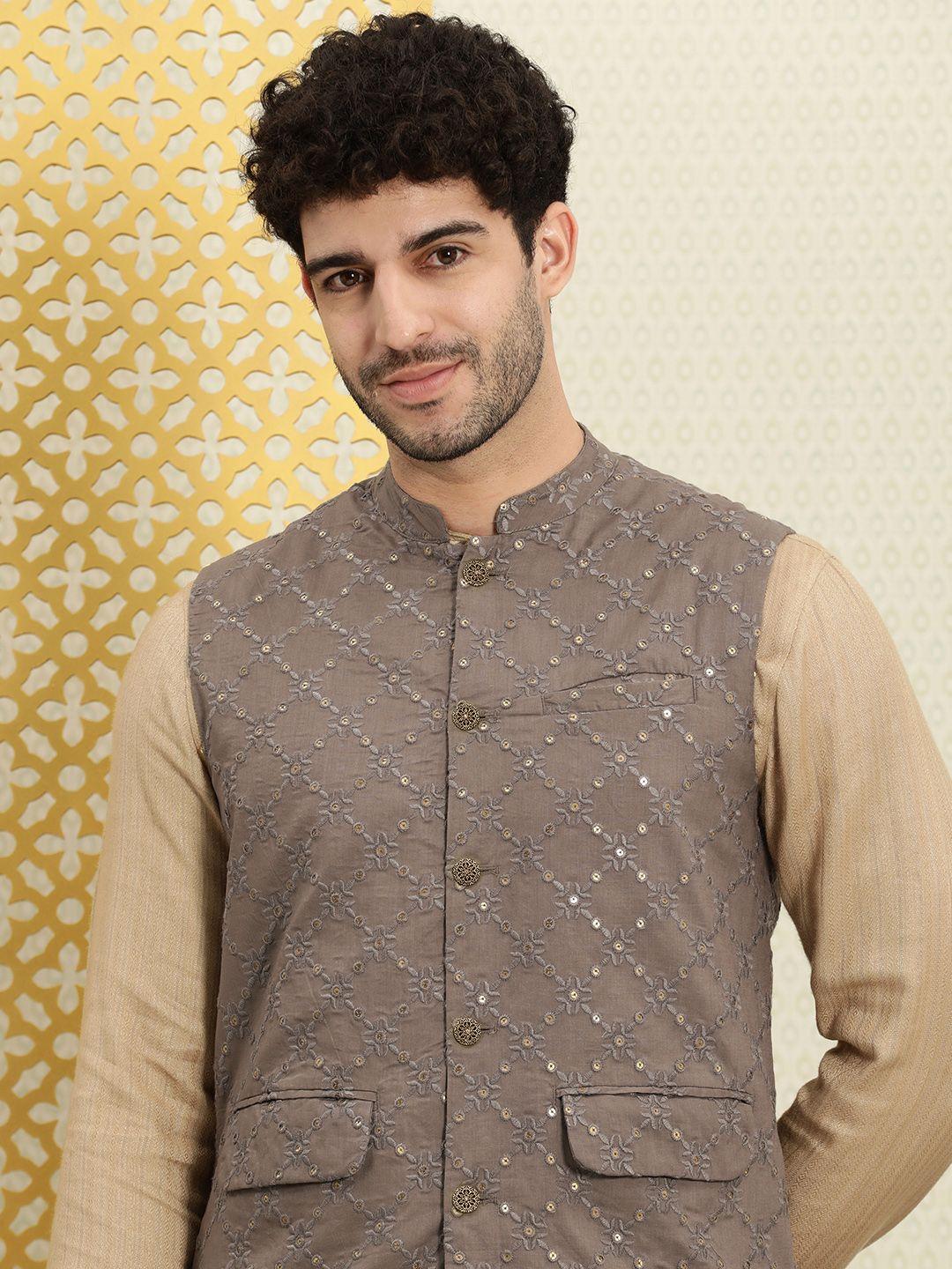 house of pataudi jashn sequined & floral embroidered pure cotton nehru jacket