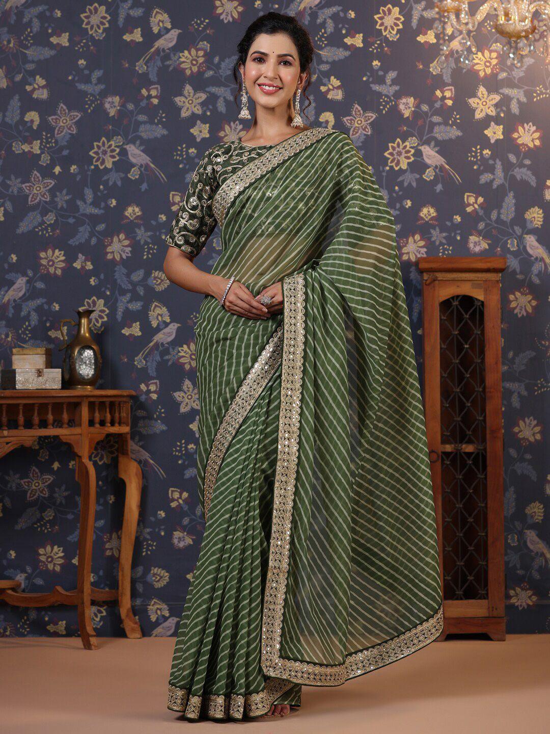 house of pataudi leheriya printed & embroidered pure georgette saree