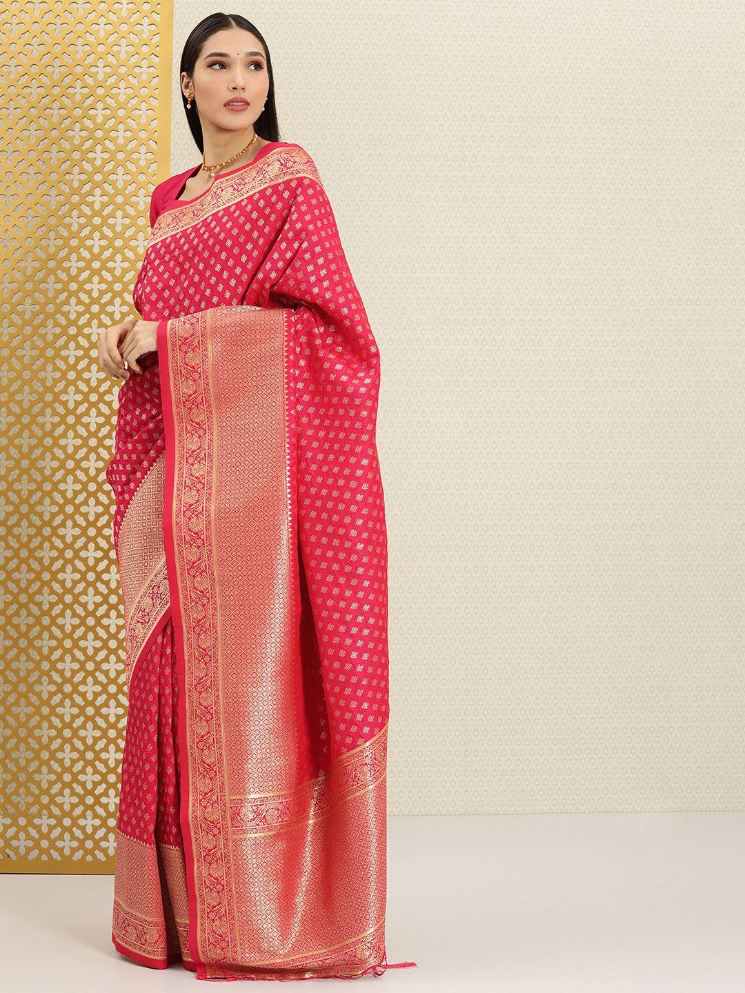 house of pataudi magenta & gold-toned ethnic motifs zari silk blend banarasi saree