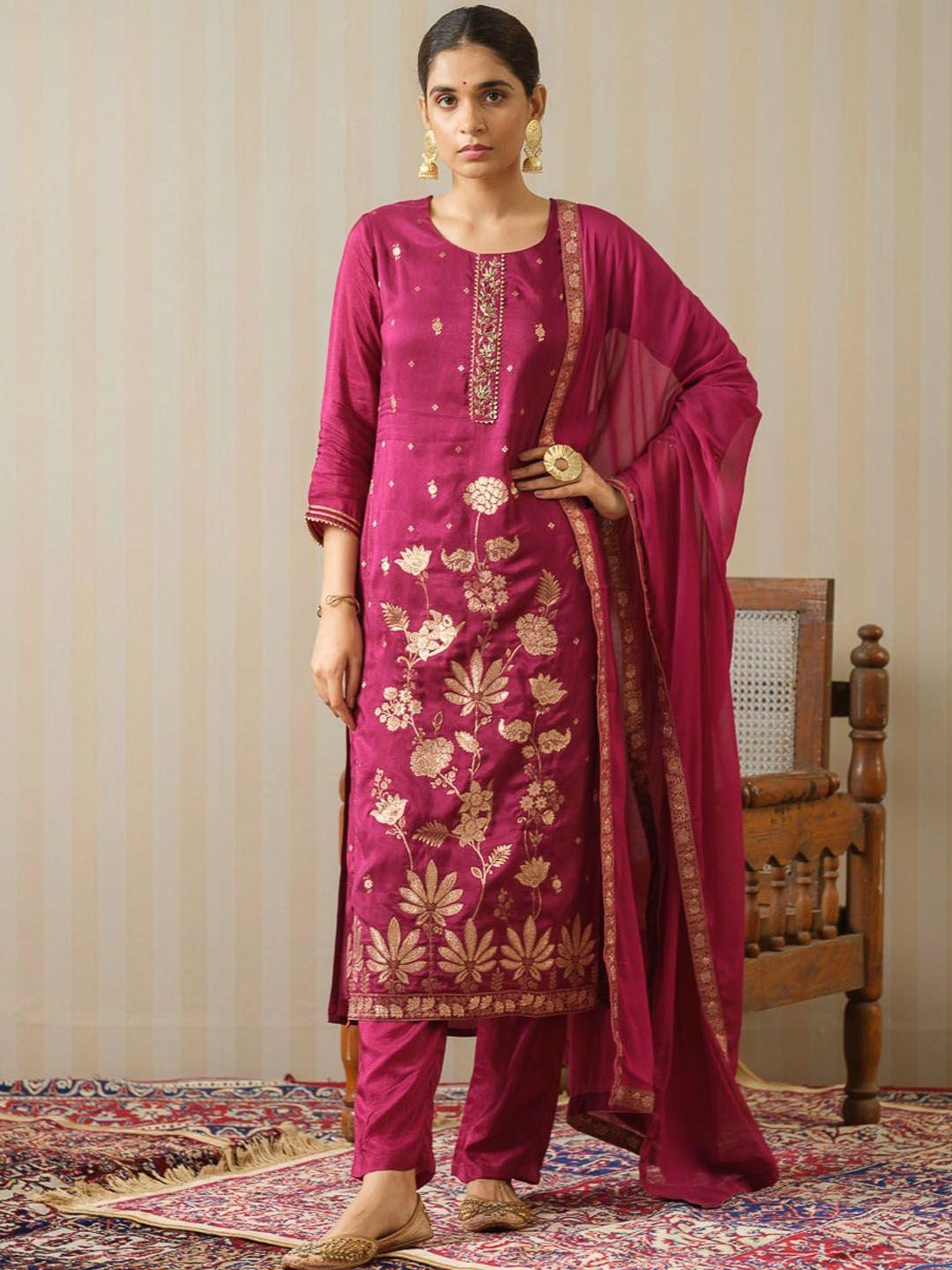 house of pataudi magenta pink floral embroidered straight kurta and trousers with dupatta