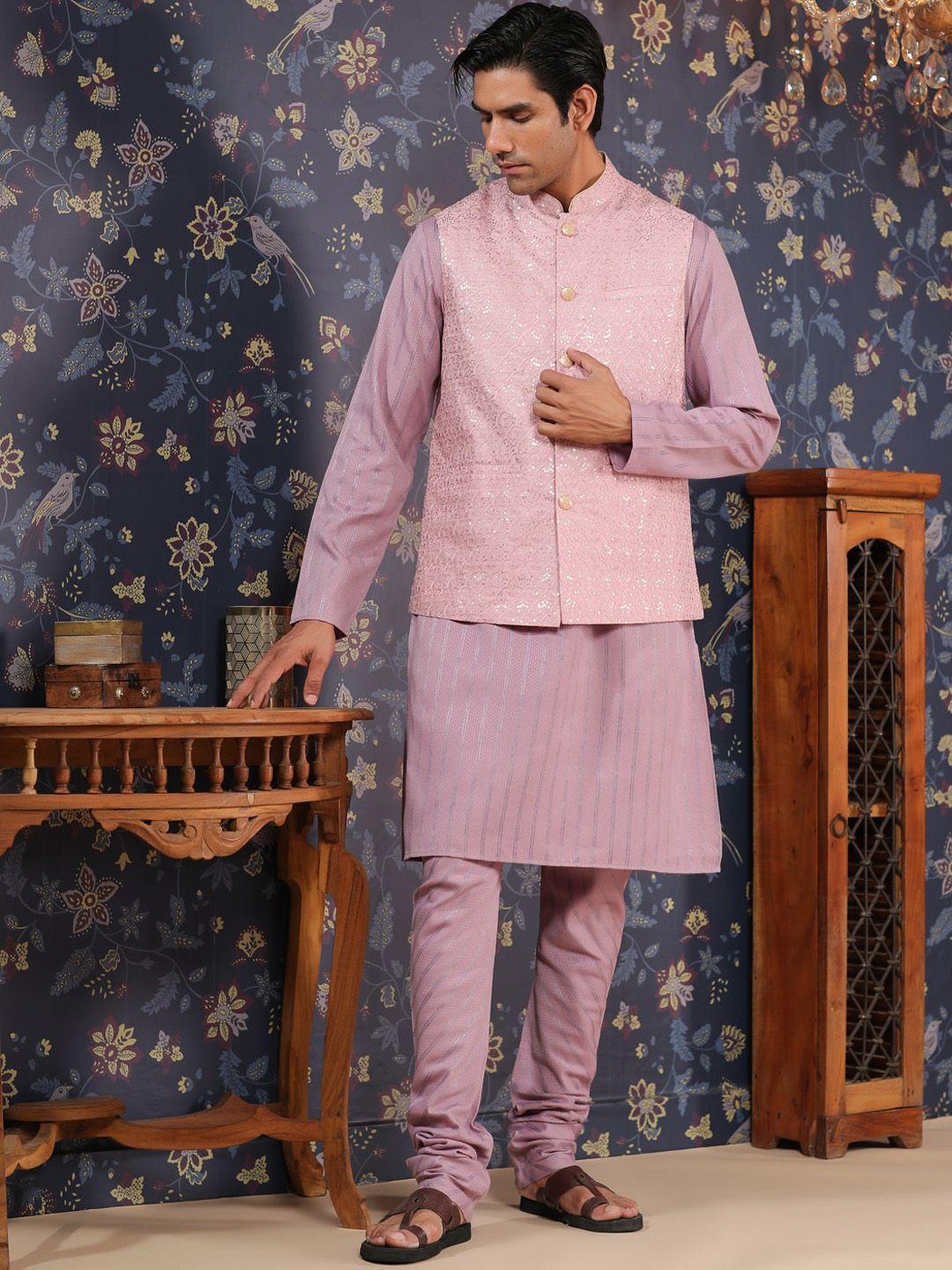 house of pataudi mandarin collar striped straight kurta with churidar & nehru jacket