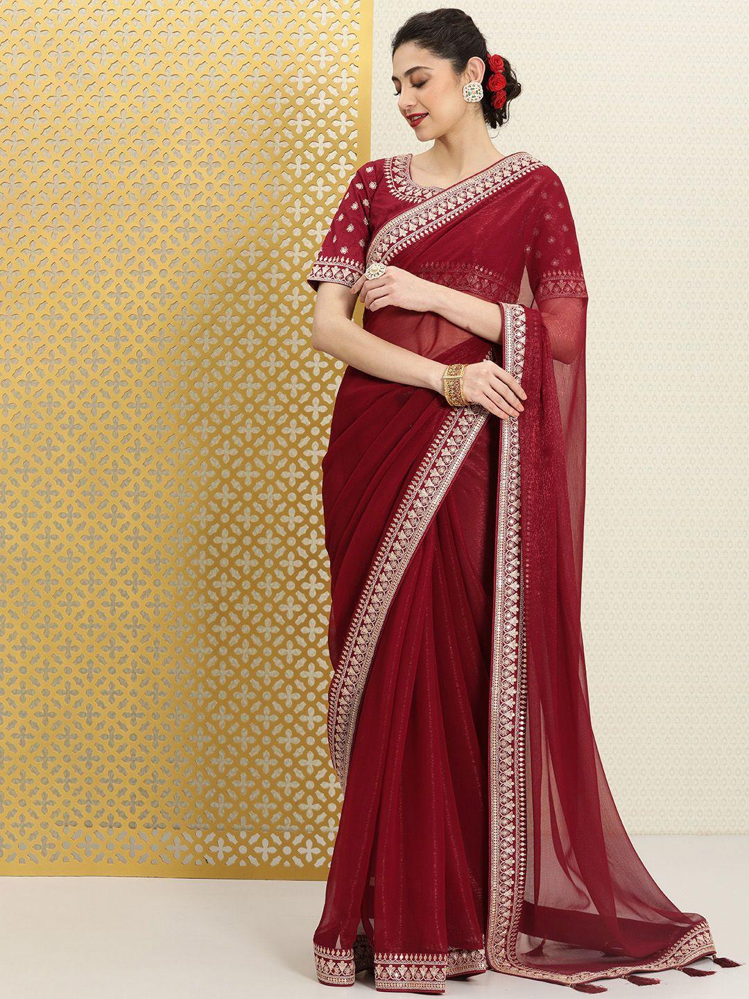 house of pataudi maroon sequinned silk blend saree