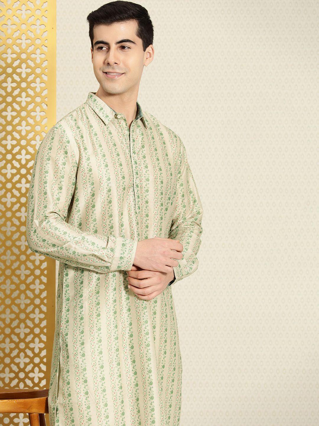 house of pataudi men beige & green rozana floral printed kurta