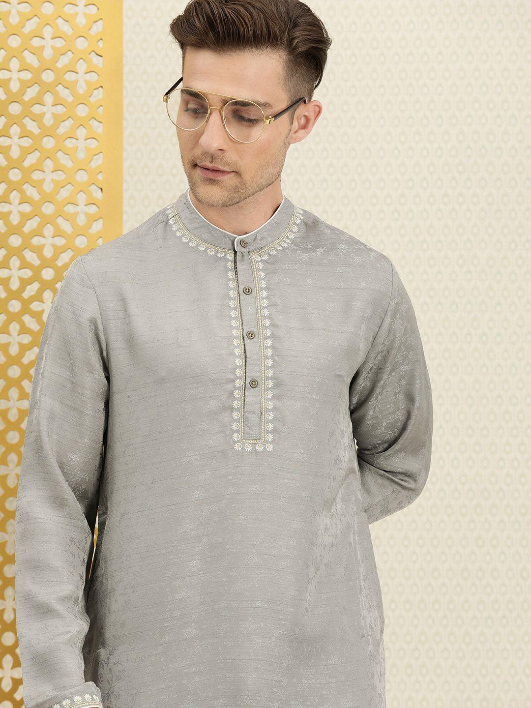 house of pataudi men beige & white floral embroidered thread work jashnpcr kurta