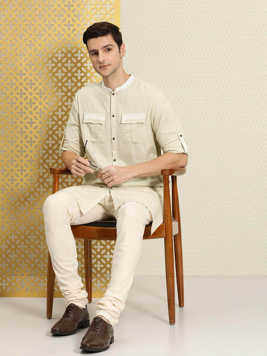 house of pataudi men beige embroidered jashn straight kurta