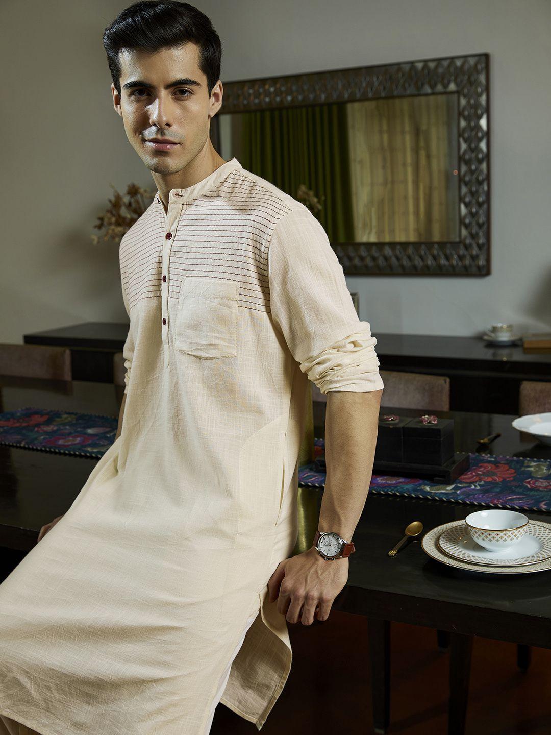 house of pataudi men beige embroidered thread work kurta