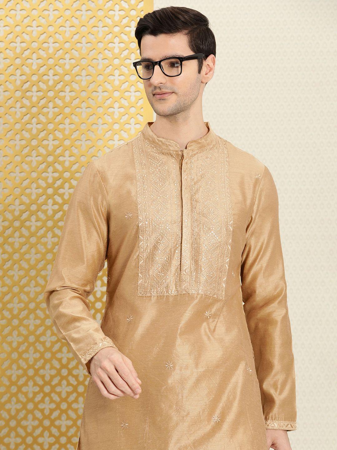 house of pataudi men beige ethnic motifs embroidered sequinned jashn kurta