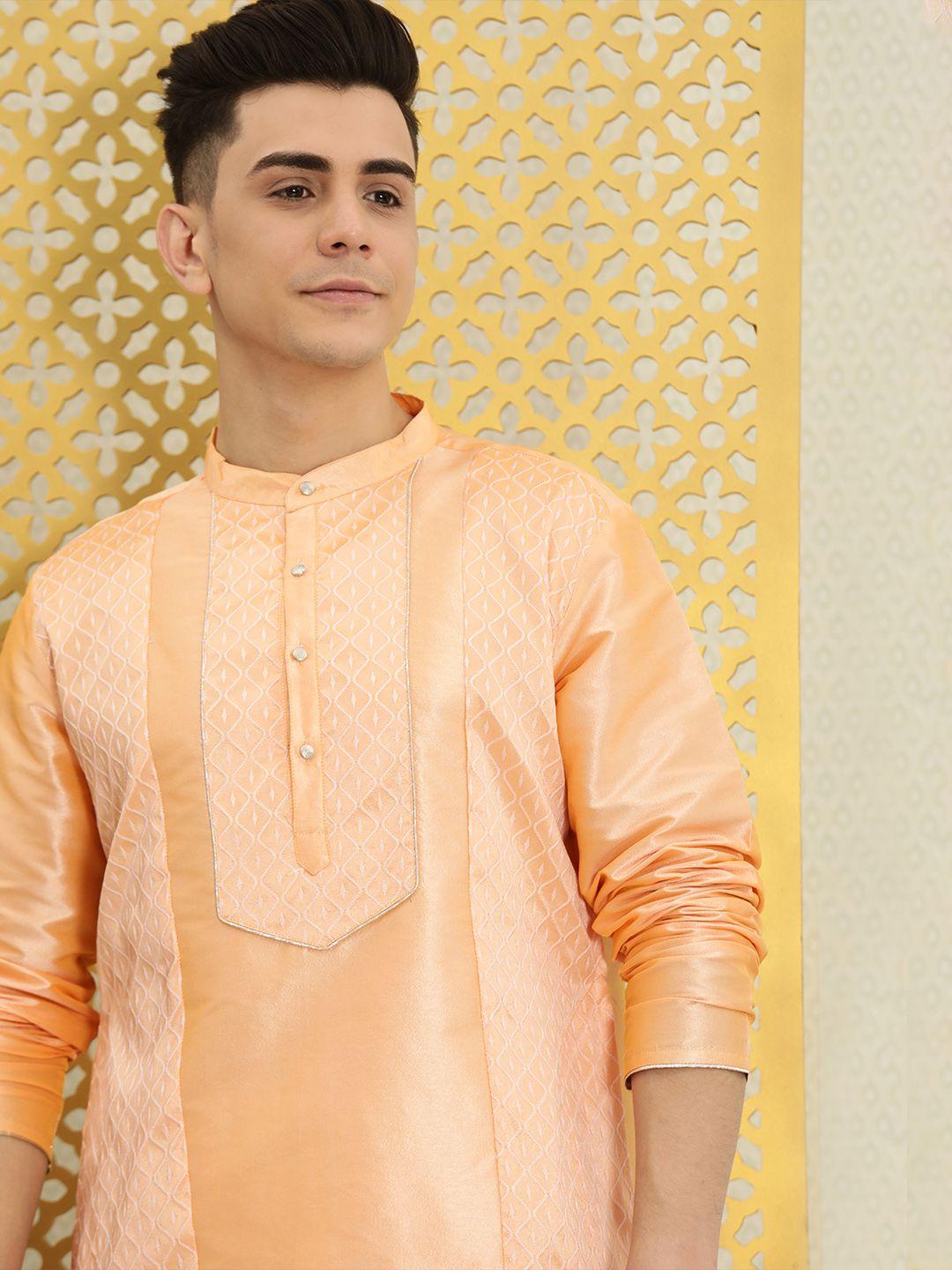 house of pataudi men beige ethnic motifs embroidered thread work kurta