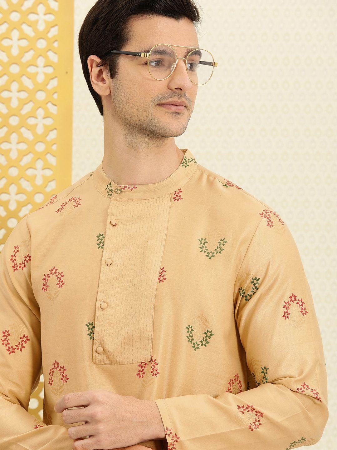 house of pataudi men beige ethnic motifs printed rozana straight kurta