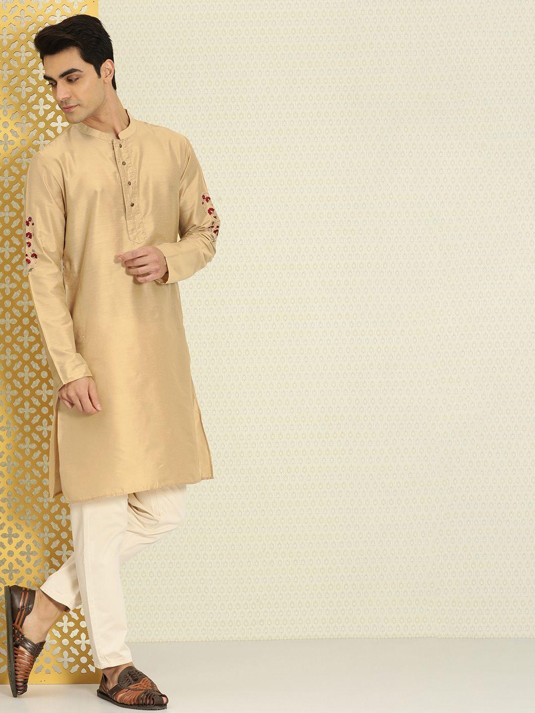 house of pataudi men beige floral embroidered thread work rozana kurta