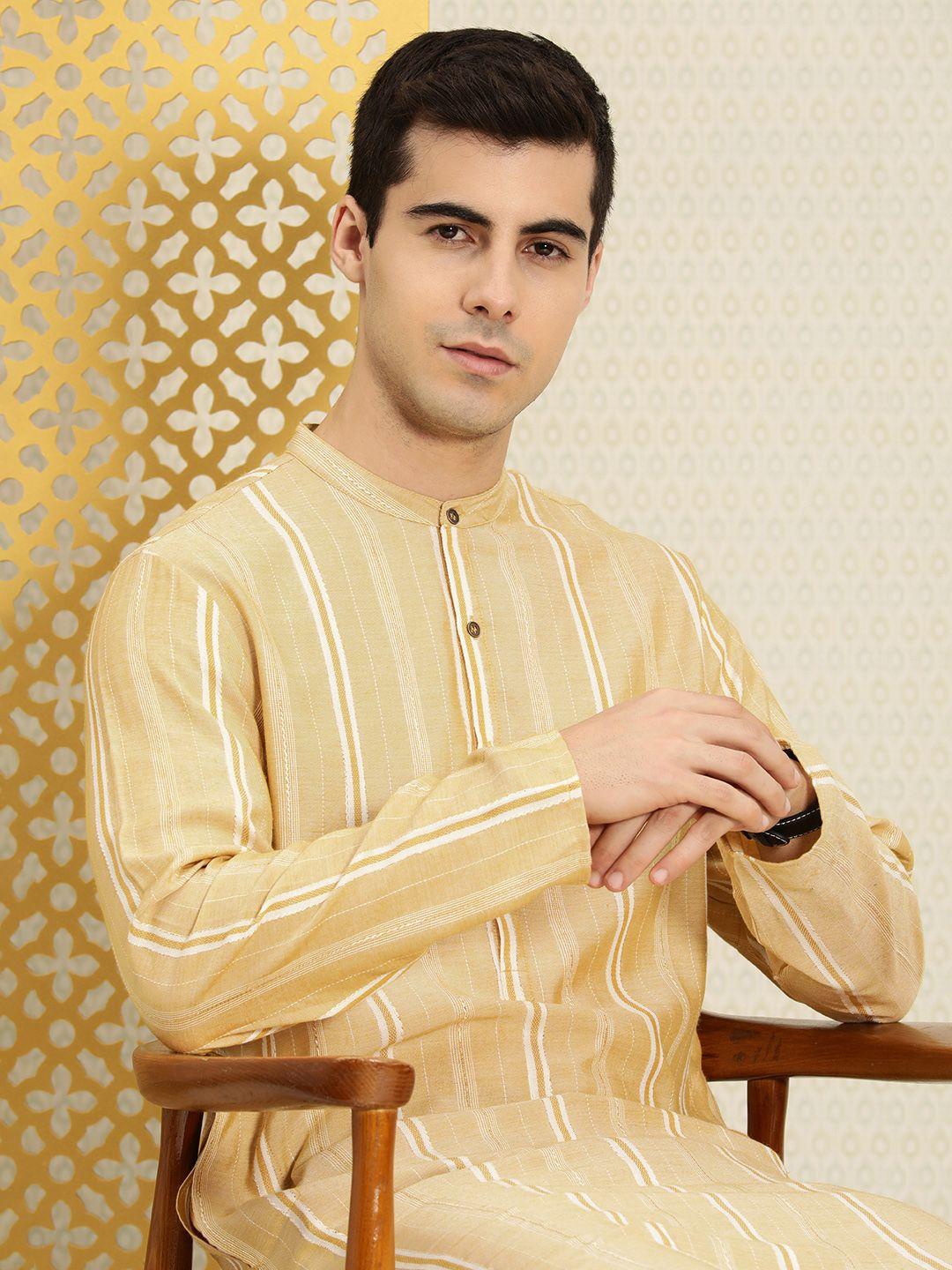 house of pataudi men beige striped regular kurta