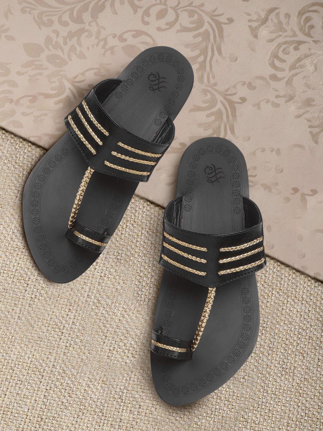 house of pataudi men black & gold-toned braided handcrafted comfort sandals