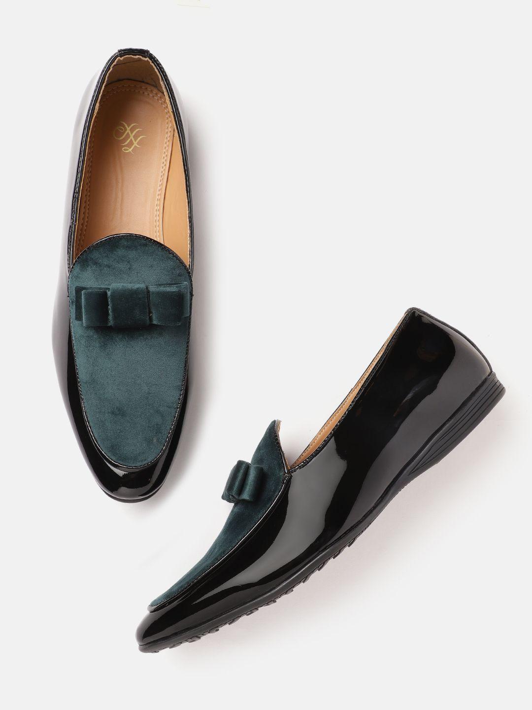 house of pataudi men black & green colourblocked handcrafted loafers