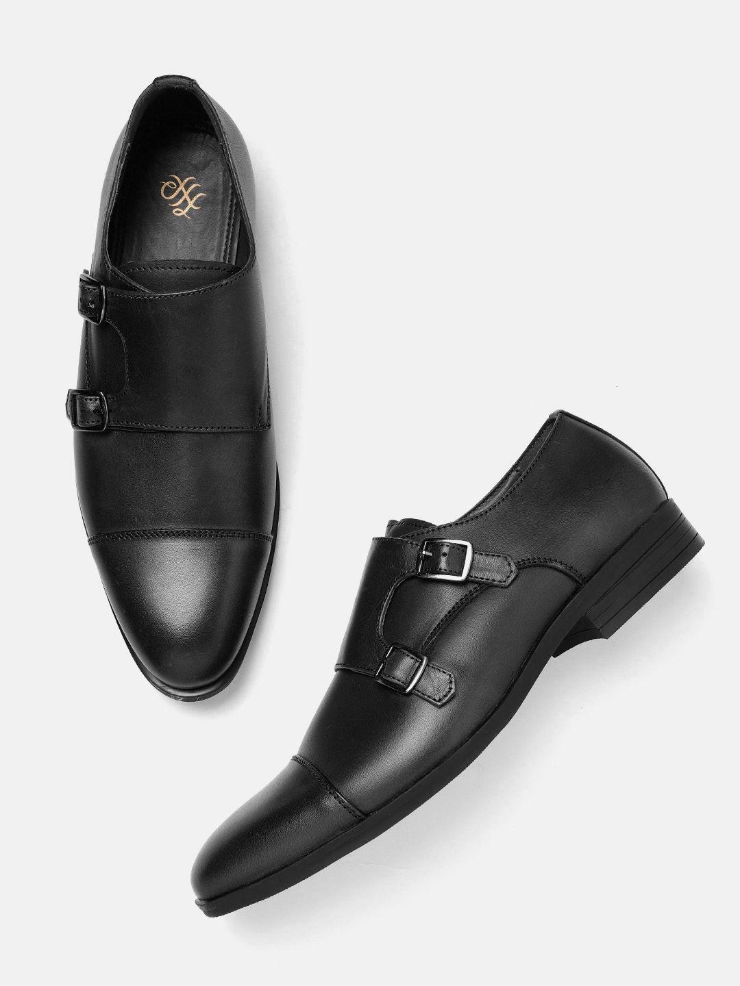 house of pataudi men black solid leather handcrafted formal monk shoes