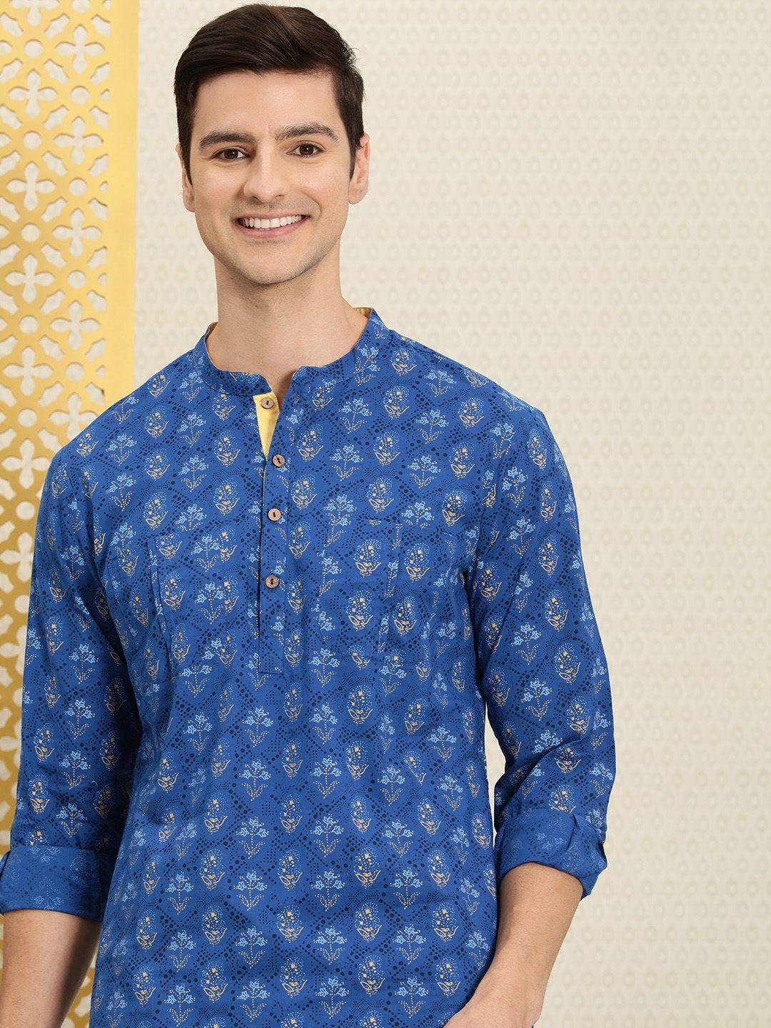 house of pataudi men blue & gold-toned floral printed rozana kurta