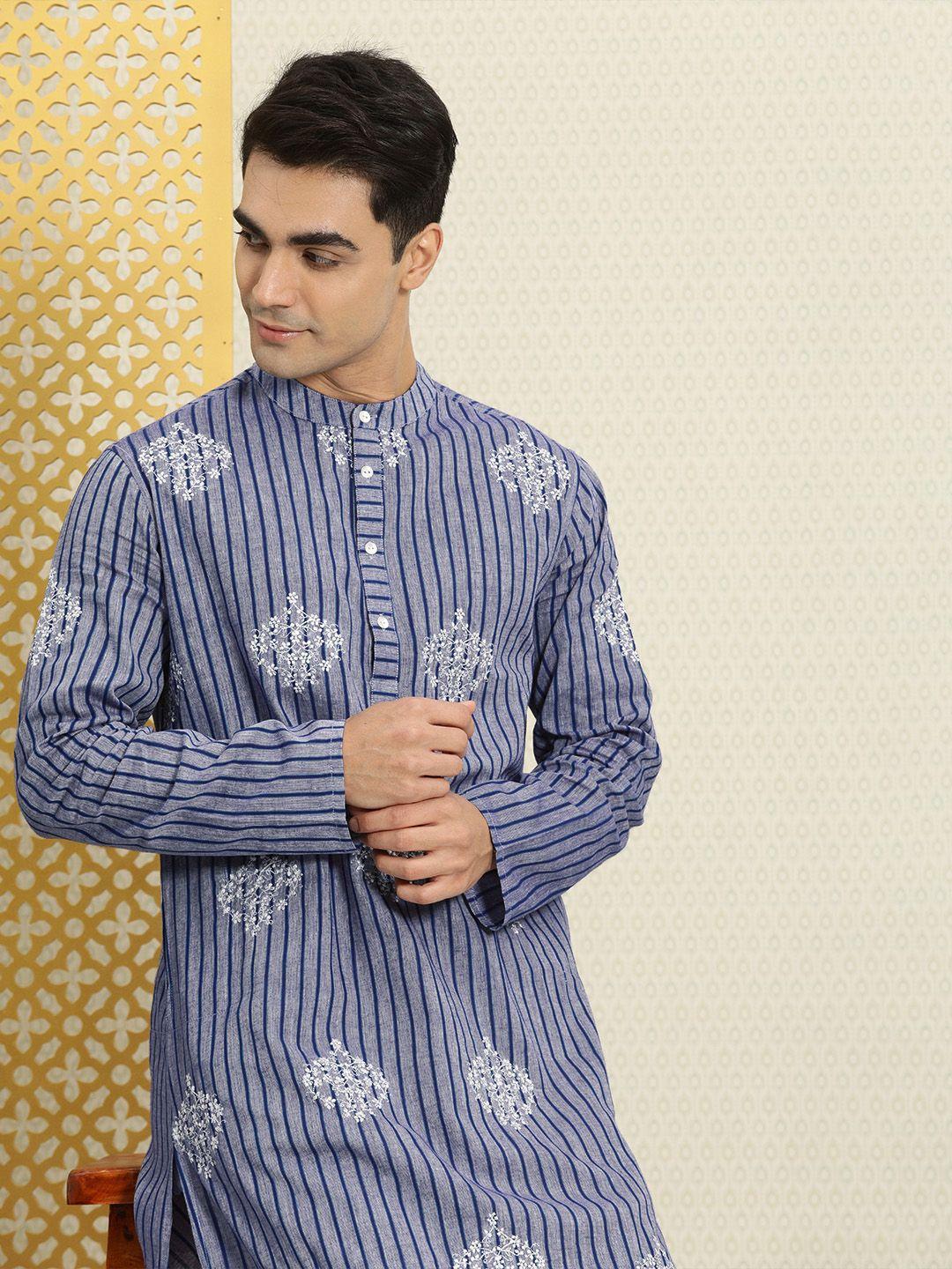 house of pataudi men blue & purple striped thread work pure cotton indigo kurta