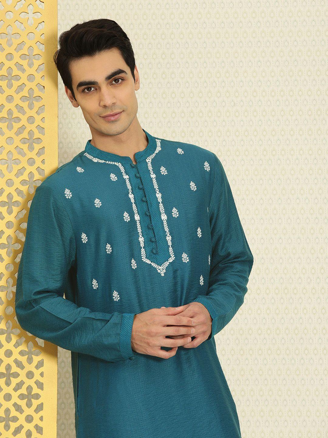 house of pataudi men blue & white thread work rozana kurta